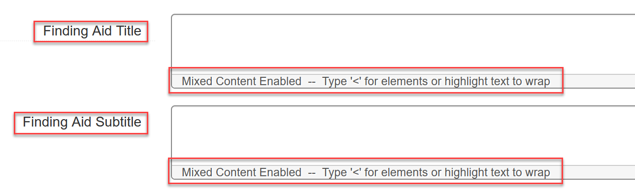 Rich text editor with new 'emph-italic' option highlighted in the formatting dropdown menu for Finding Aid Title and Finding Aid Subtitle