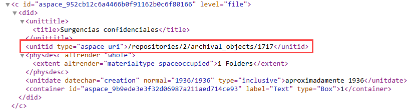 Code with ‹unitid type="aspace_uri">/repositories/2/archival_objects/1717</unitid› highlighted