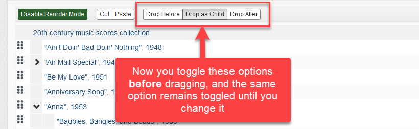 The 3.5.x reorder mode interface showing the new toggle options