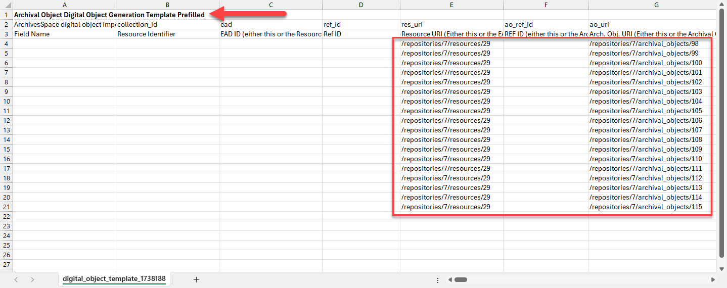 Export menu with "Download Digital Object Template" option highlighted