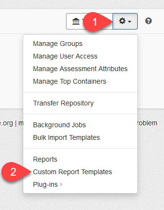 Gear menu dropdown with "Custom Report Templates" option highlighted