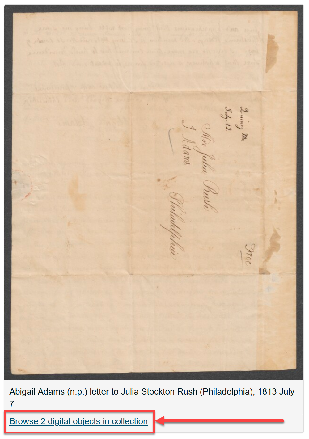 Digital object page with "Browse 2 digital objects in collection" link highlighted