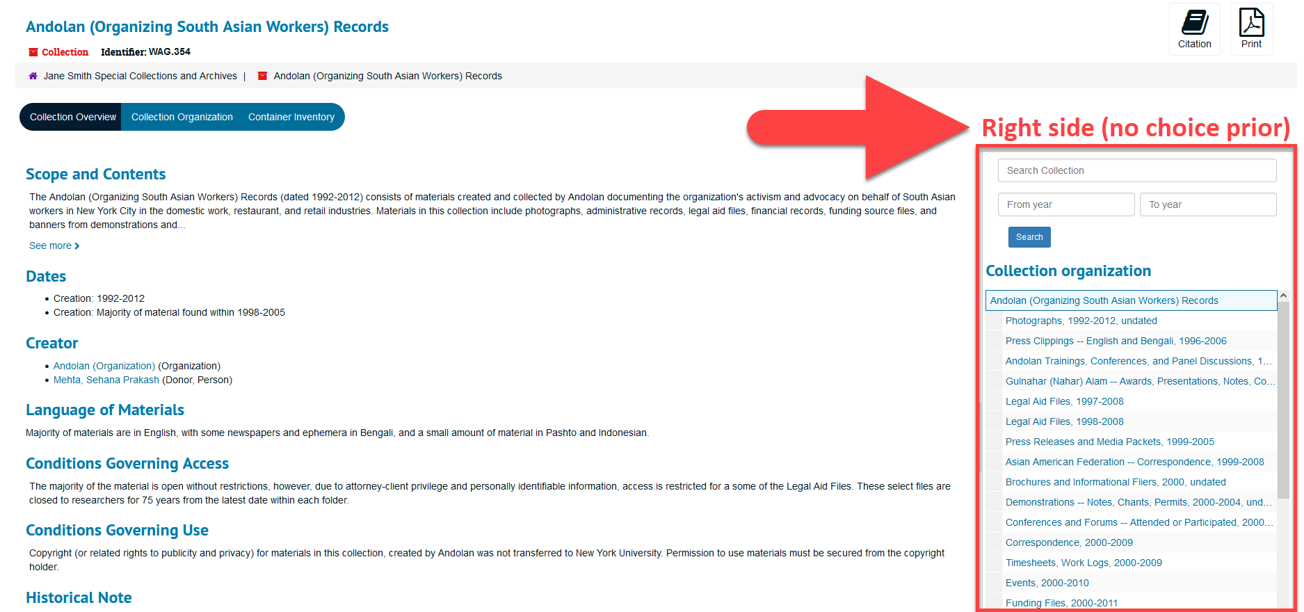 PUI Collection Organization sidebar positioned on the right side (from version 3.5.1)