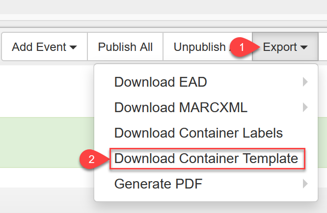 Export menu with "Download Container Template" option highlighted
