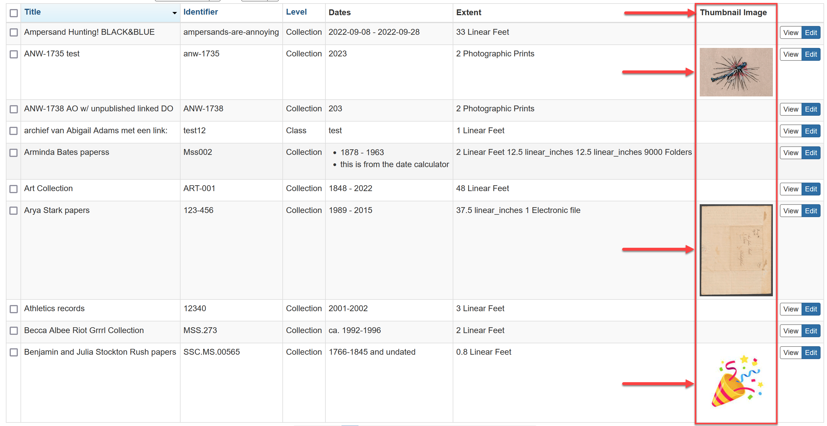 Browse view with Thumbnail Image column displaying digital object thumbnails