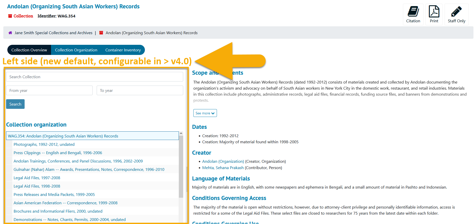PUI Collection Organization sidebar positioned on the left side (from version 4.0.0)