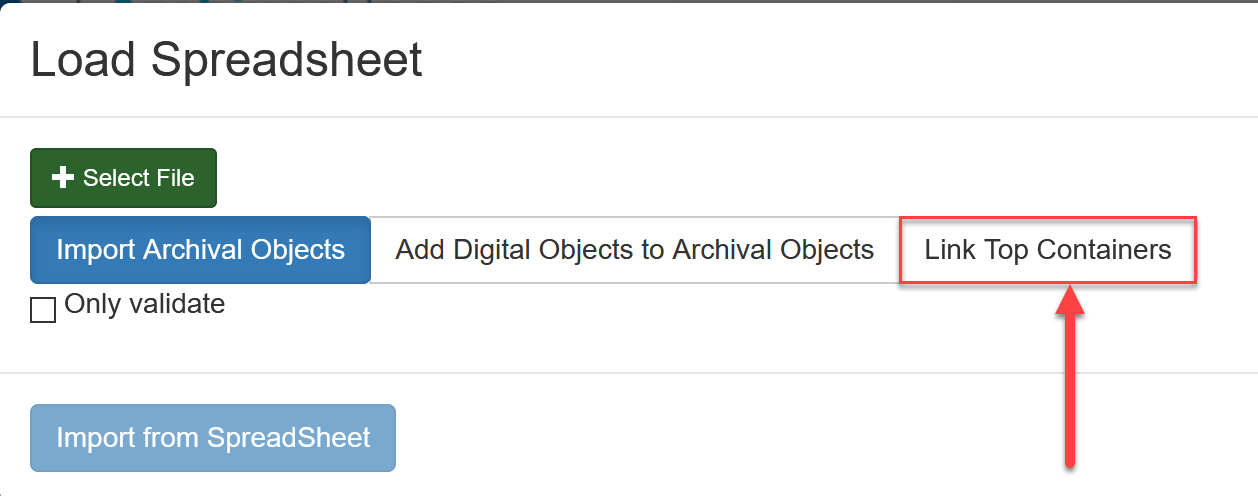 Load Spreadsheet dialog with "Link Top Containers" option