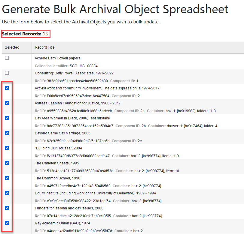 Bulk Update Selection Screen