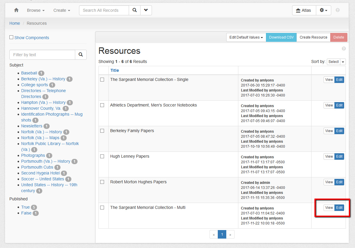 Resource record in ArchivesSpace showing the main interface with various collections listed