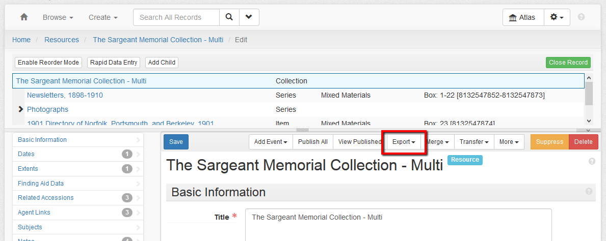 Export button highlighted in the resource record toolbar