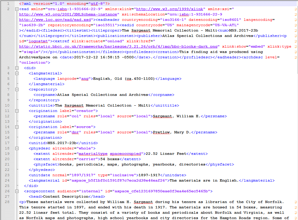 Sample EAD XML code showing the exported finding aid structure