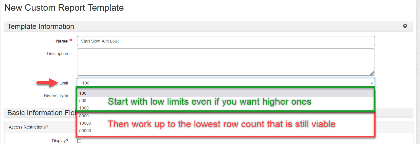Custom Report Template Limit Dropdown Options