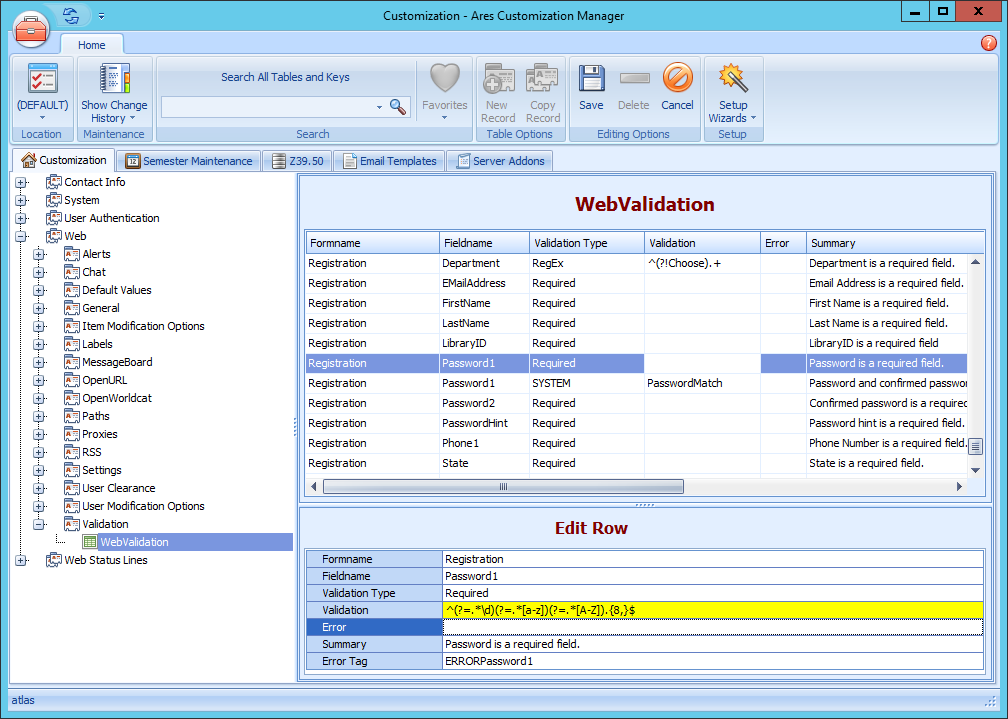 Ares Customization Manager WebValidation settings for password requirements