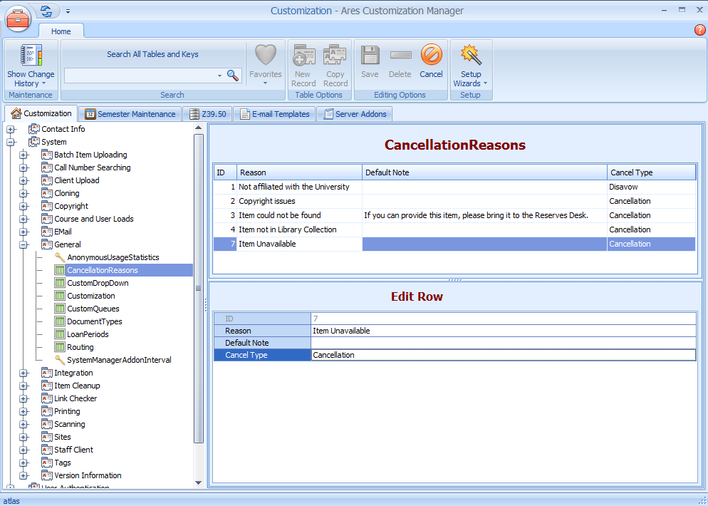 Ares Customization Manager CancellationReasons table