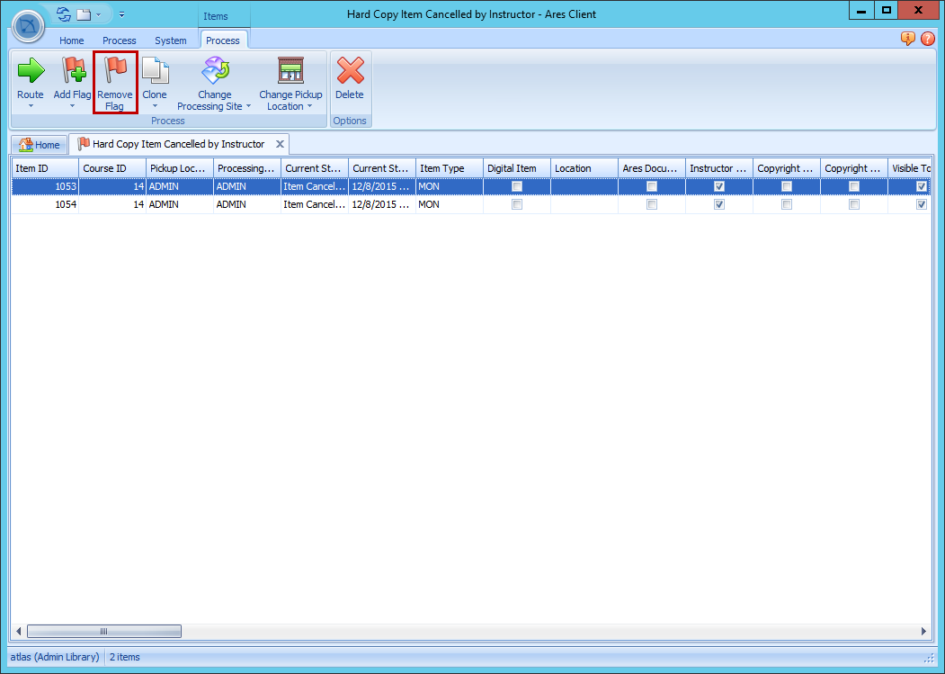 Ares Client showing Hard Copy Item Cancelled by Instructor queue