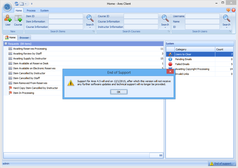 Ares End of Support Warning - Soon