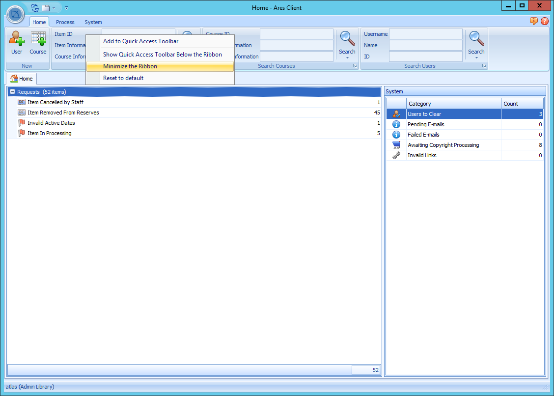 Ares Minimize Ribbon Menu