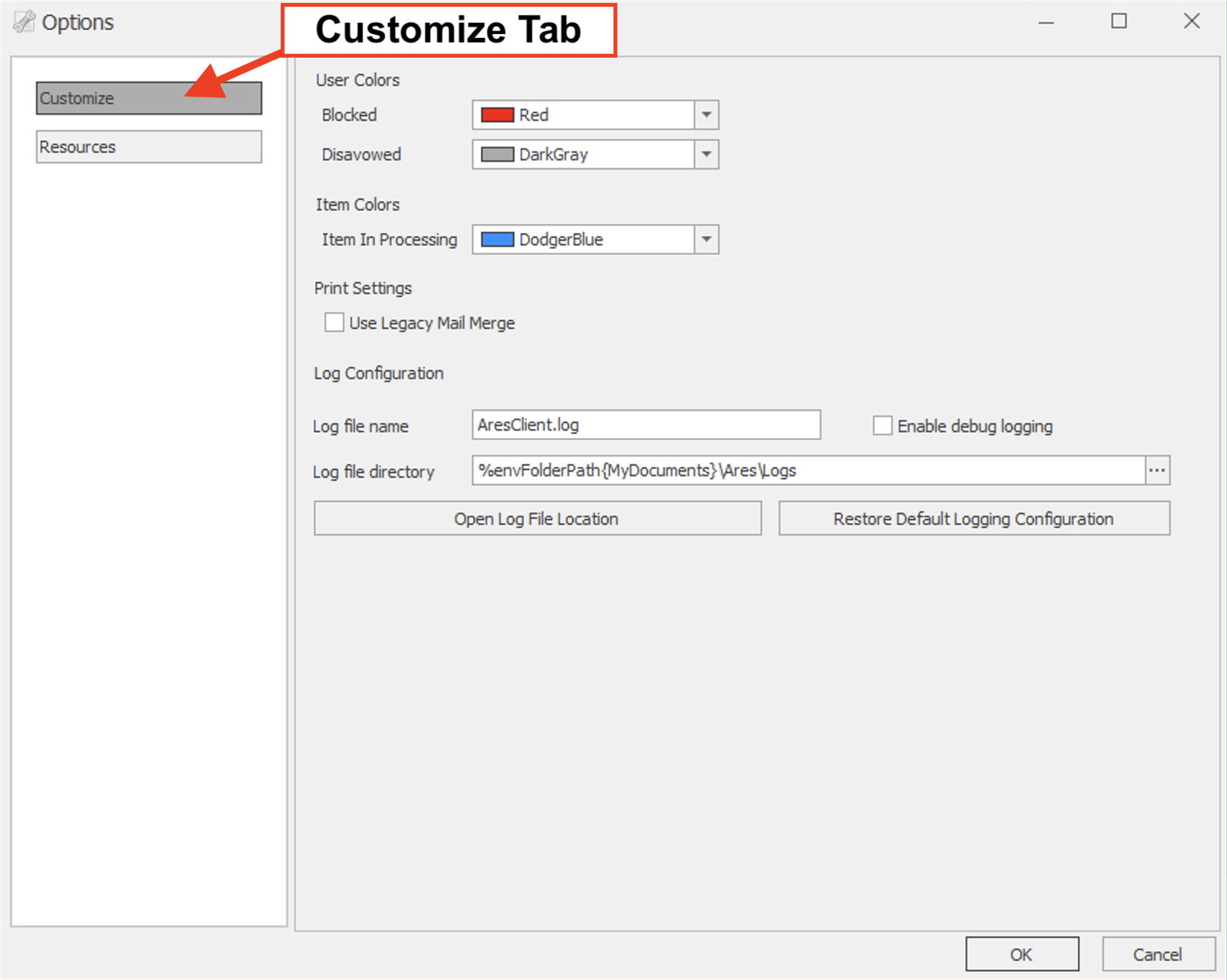 Ares Options Customize Tab