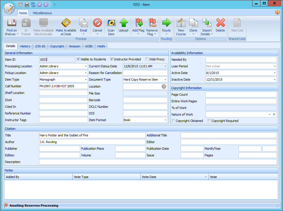 Ares Item Form with Home ribbon showing Process, Routing, and Options groups