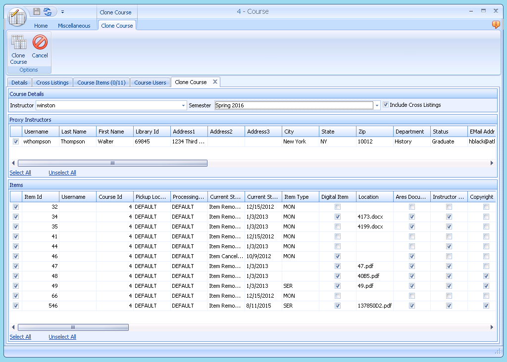 Ares Clone Course Dialog