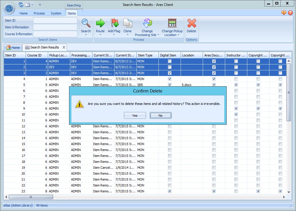 Ares Client Delete Multiple Items Confirmation Dialog