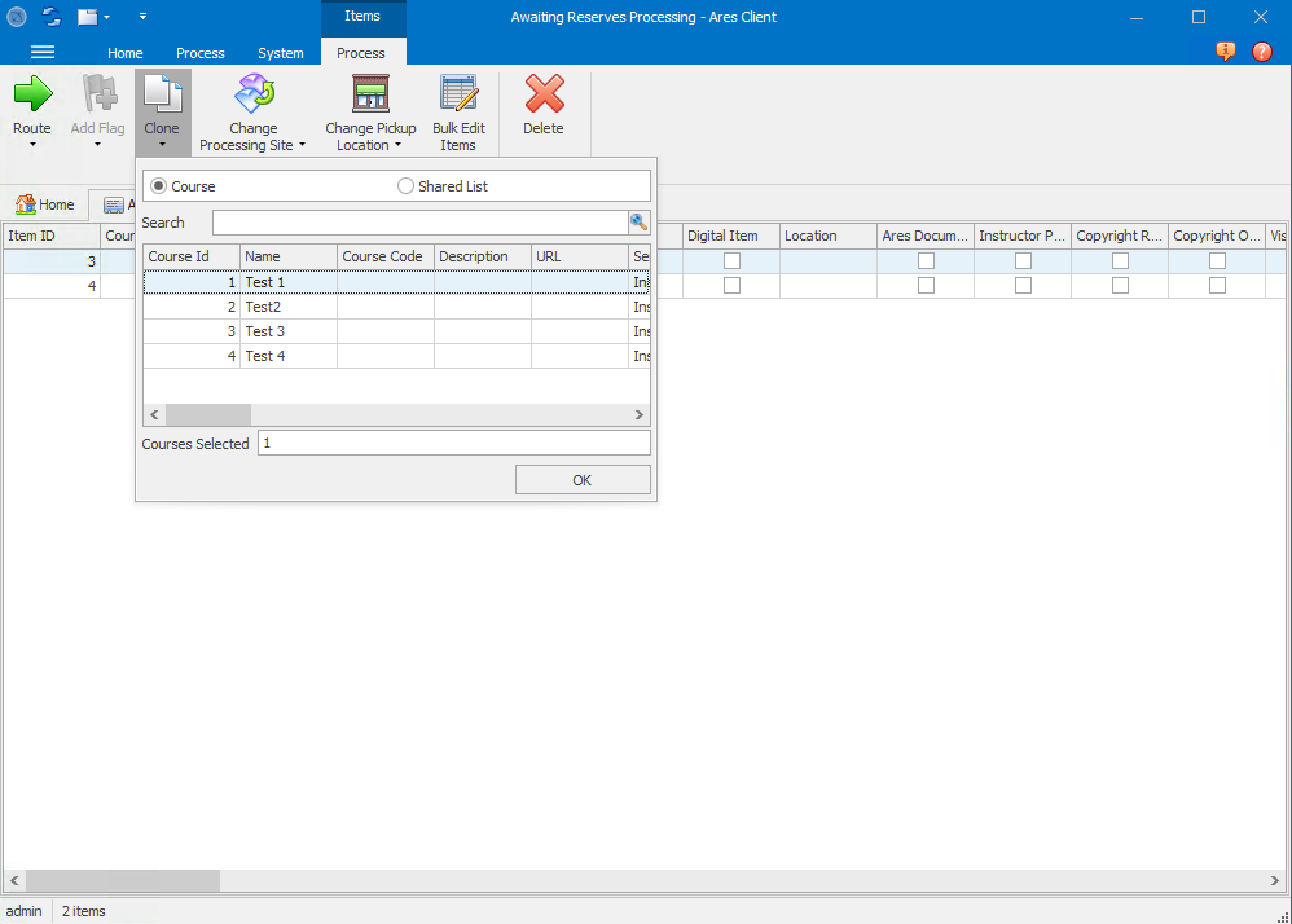 Ares Processing Clone Dialog