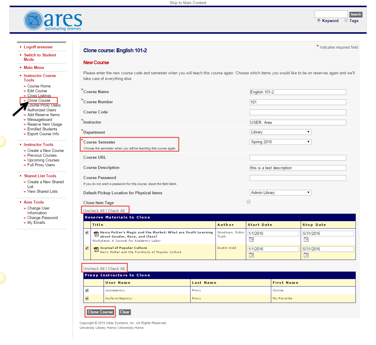 Ares Web Interface Clone Course Form