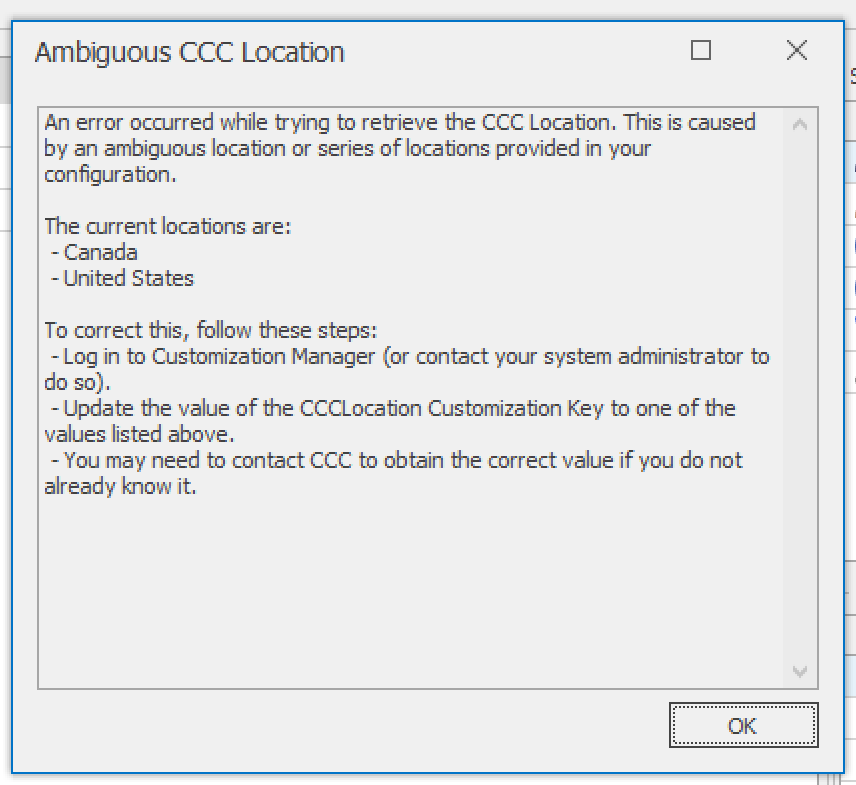 Ambiguous CCC Location error message