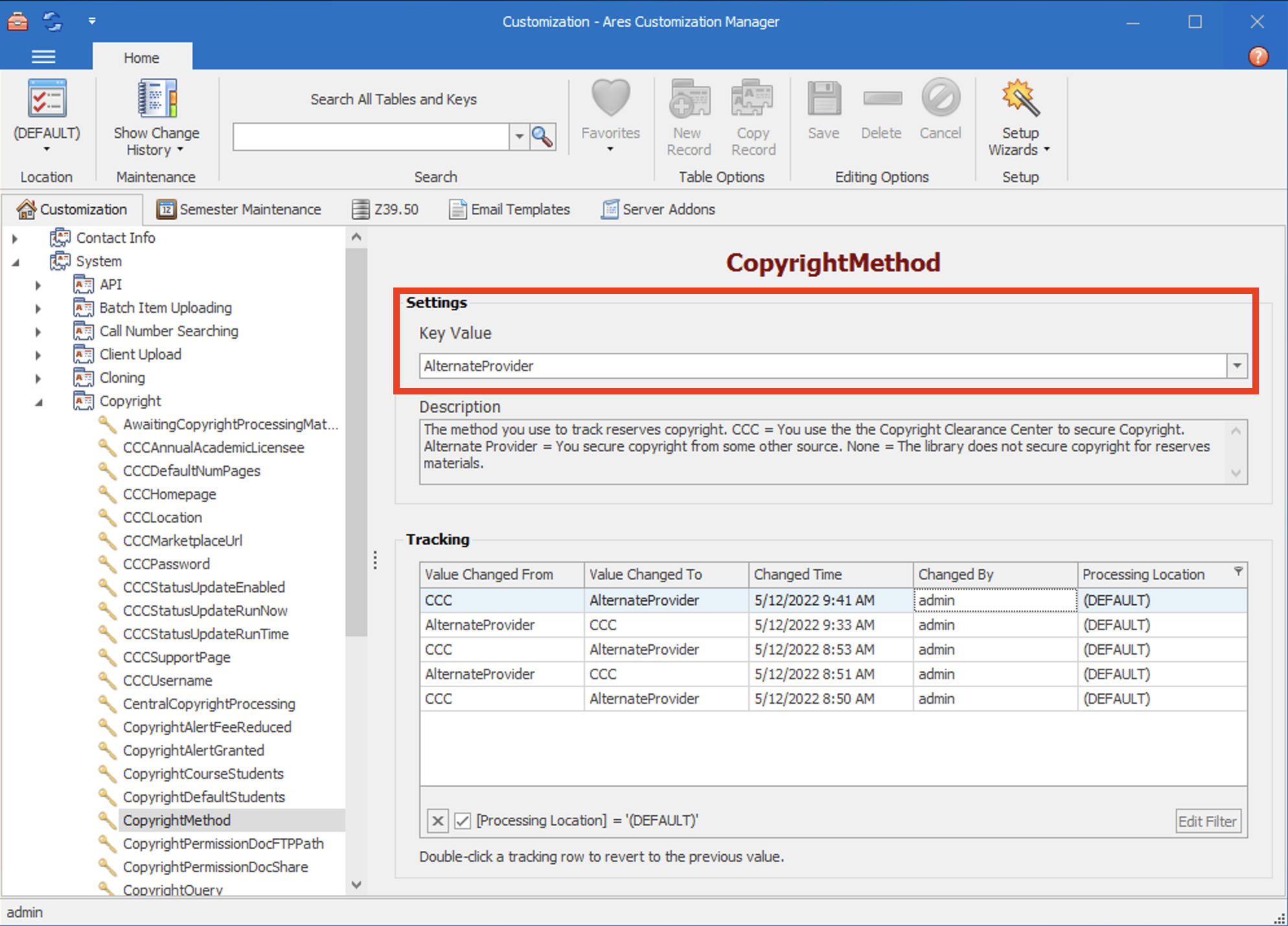 Process Copyright screen interface
