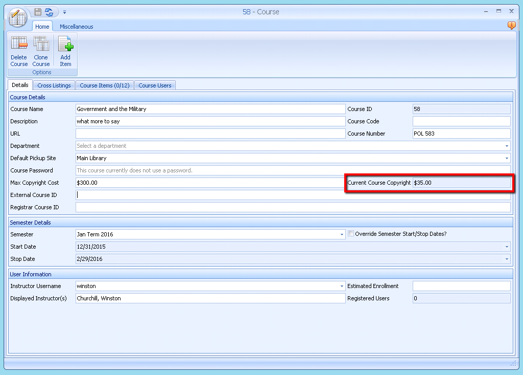 Current Course Copyright field on Course Record