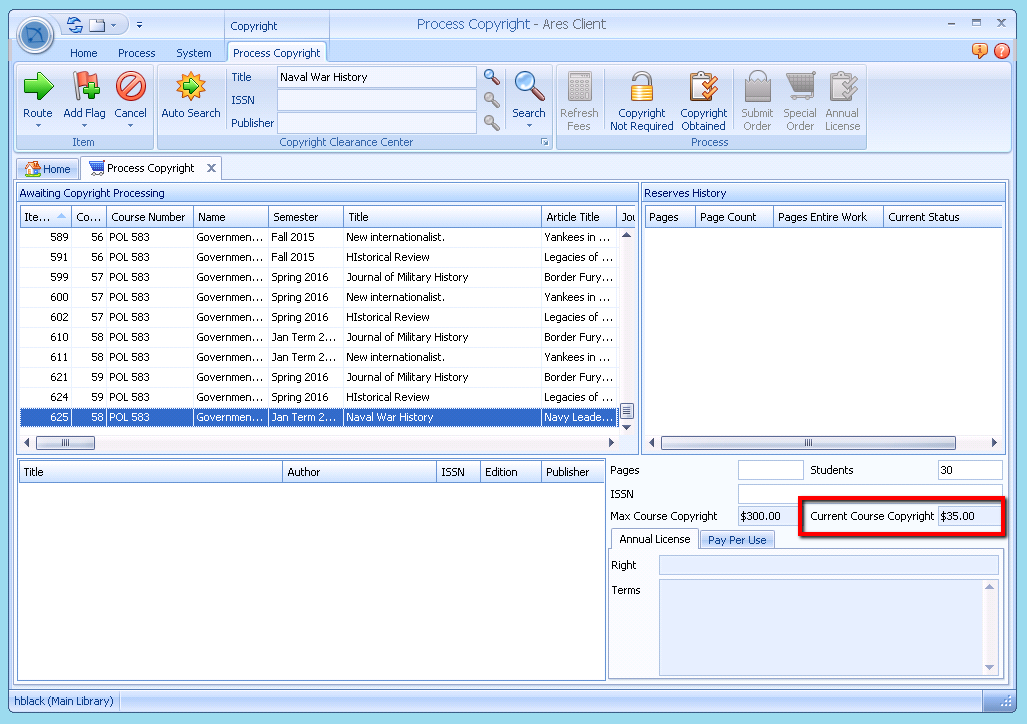 Current Course Copyright field on Copyright Processing Form