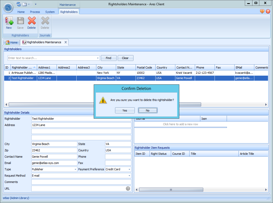 Delete rightsholder confirmation dialog