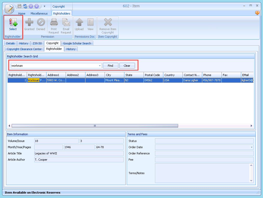 Rightsholder Information tab on Item Record