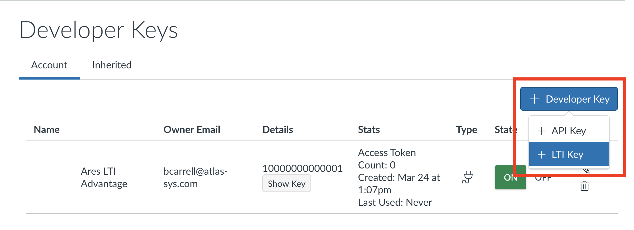 Canvas Developer Keys page with the Developer Key menu expanded to the LTI Key option