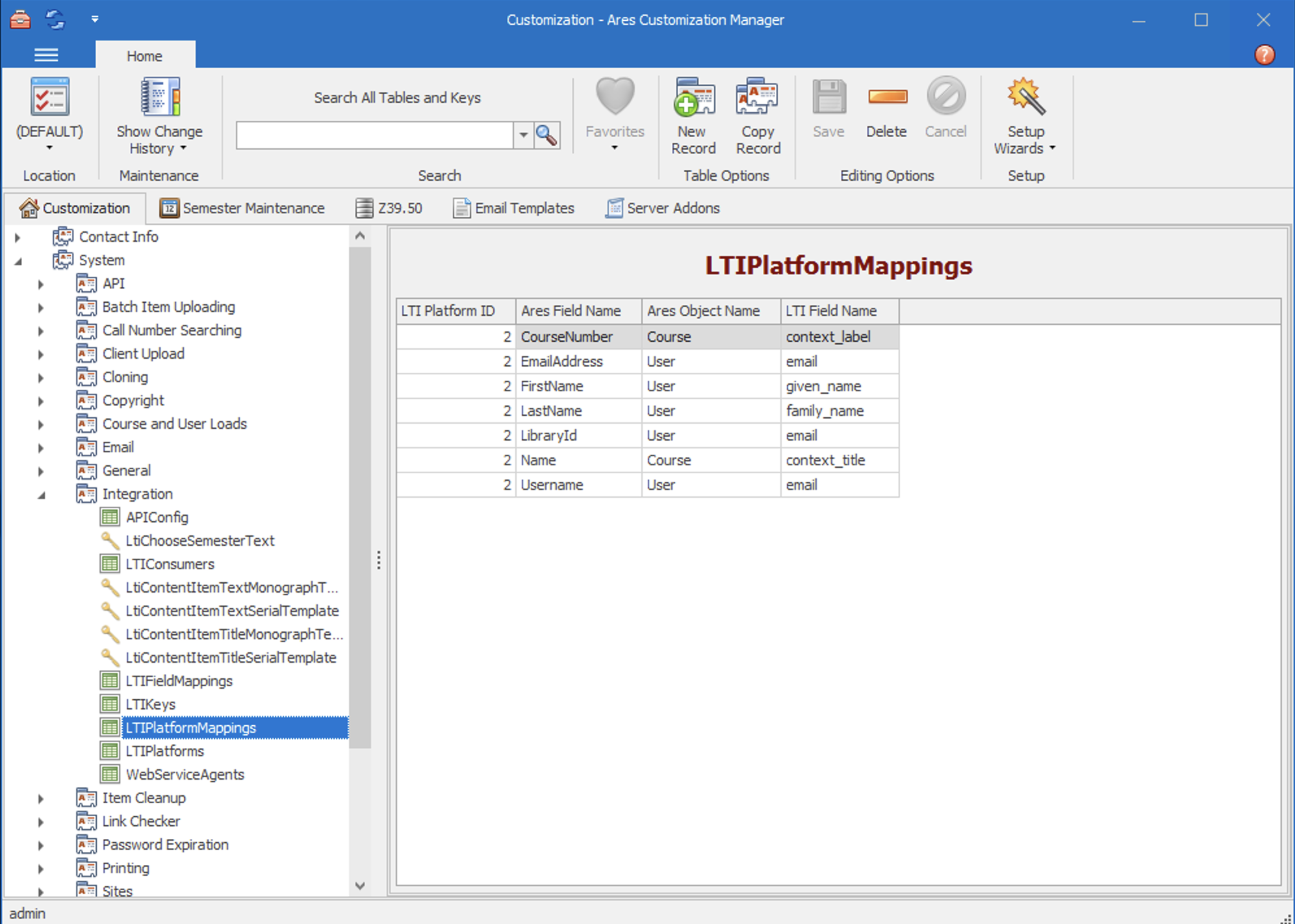 LTIPlatformMappings table screenshot