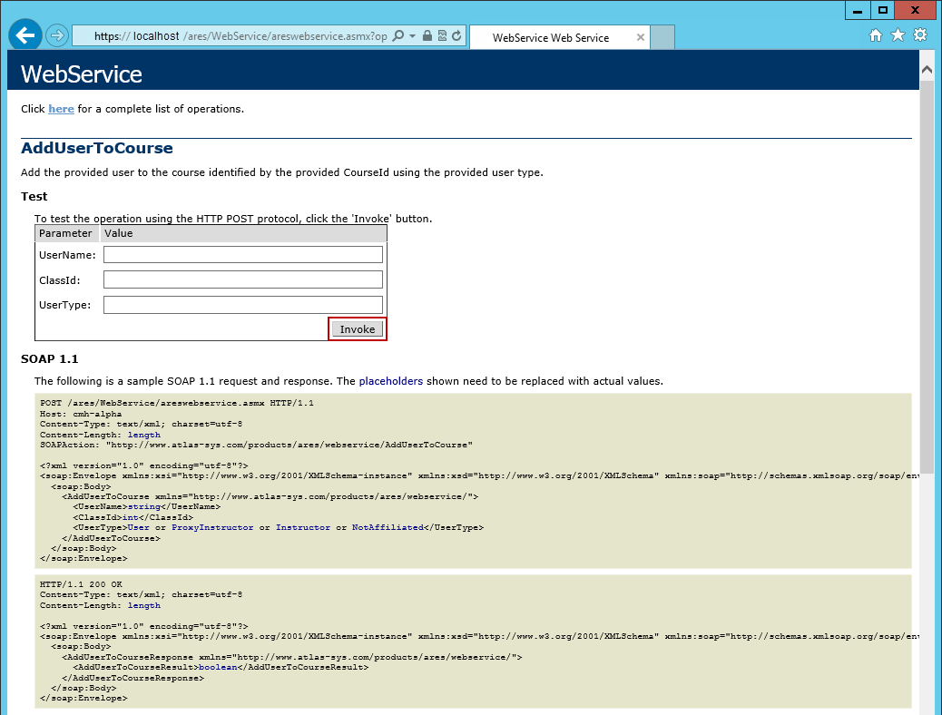 Ares Web Service test interface screenshot