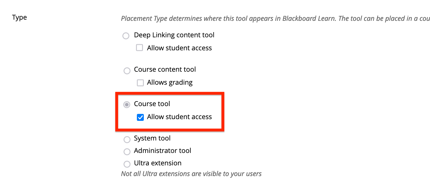 Course tool placement type