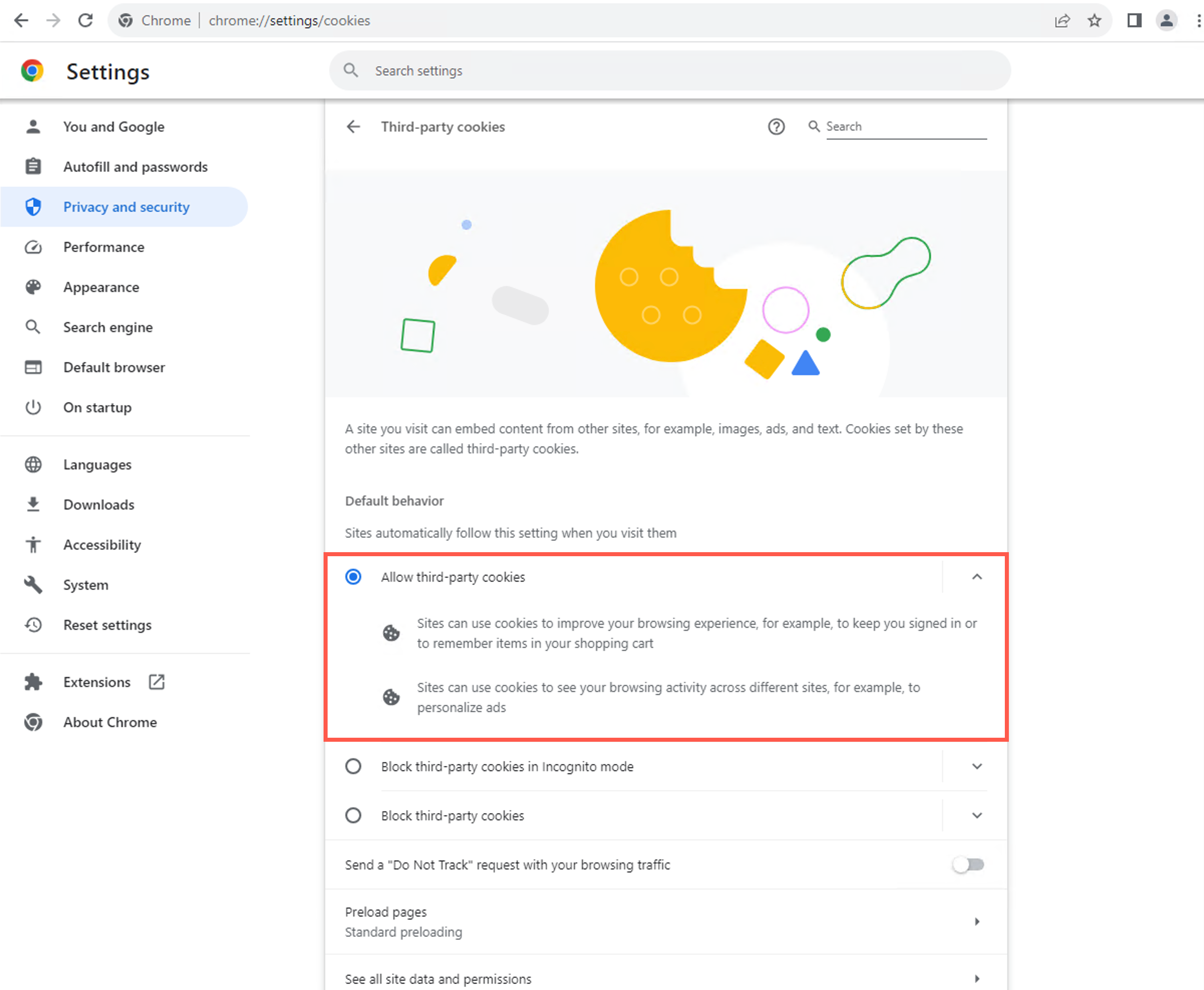 Google Chrome Allow third party cookies setting