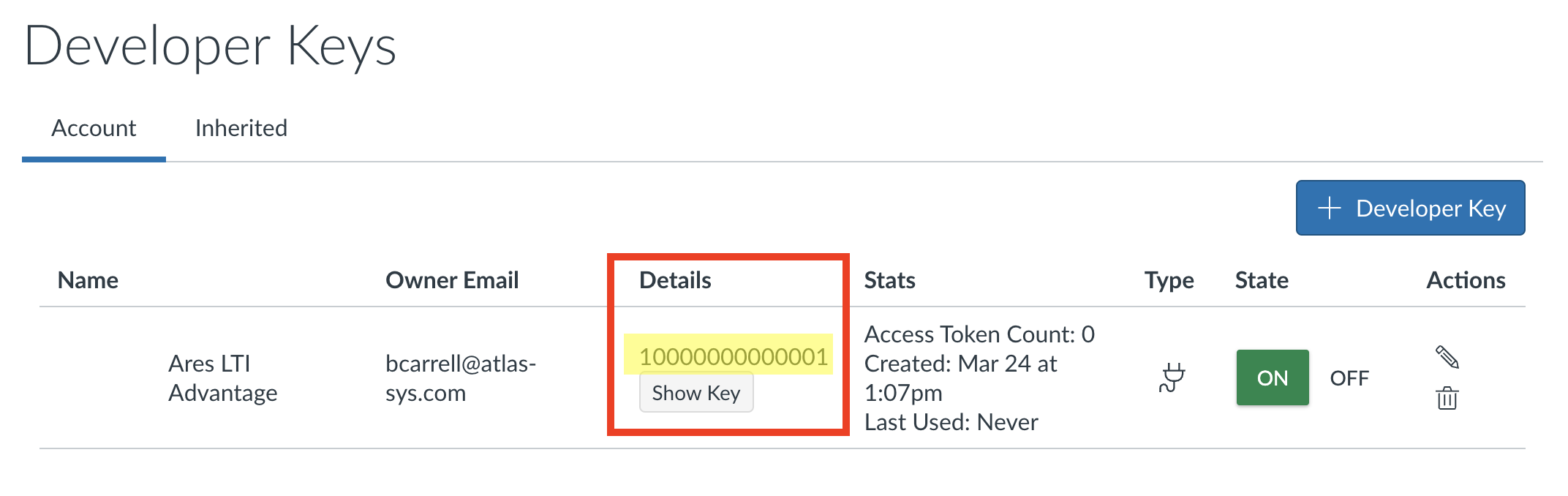 Canvas Developer Keys page showing the Client ID value in the Details column