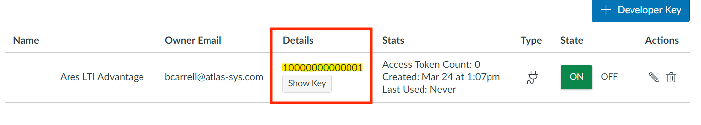 Canvas Developer Keys page with the Details column value highlighted