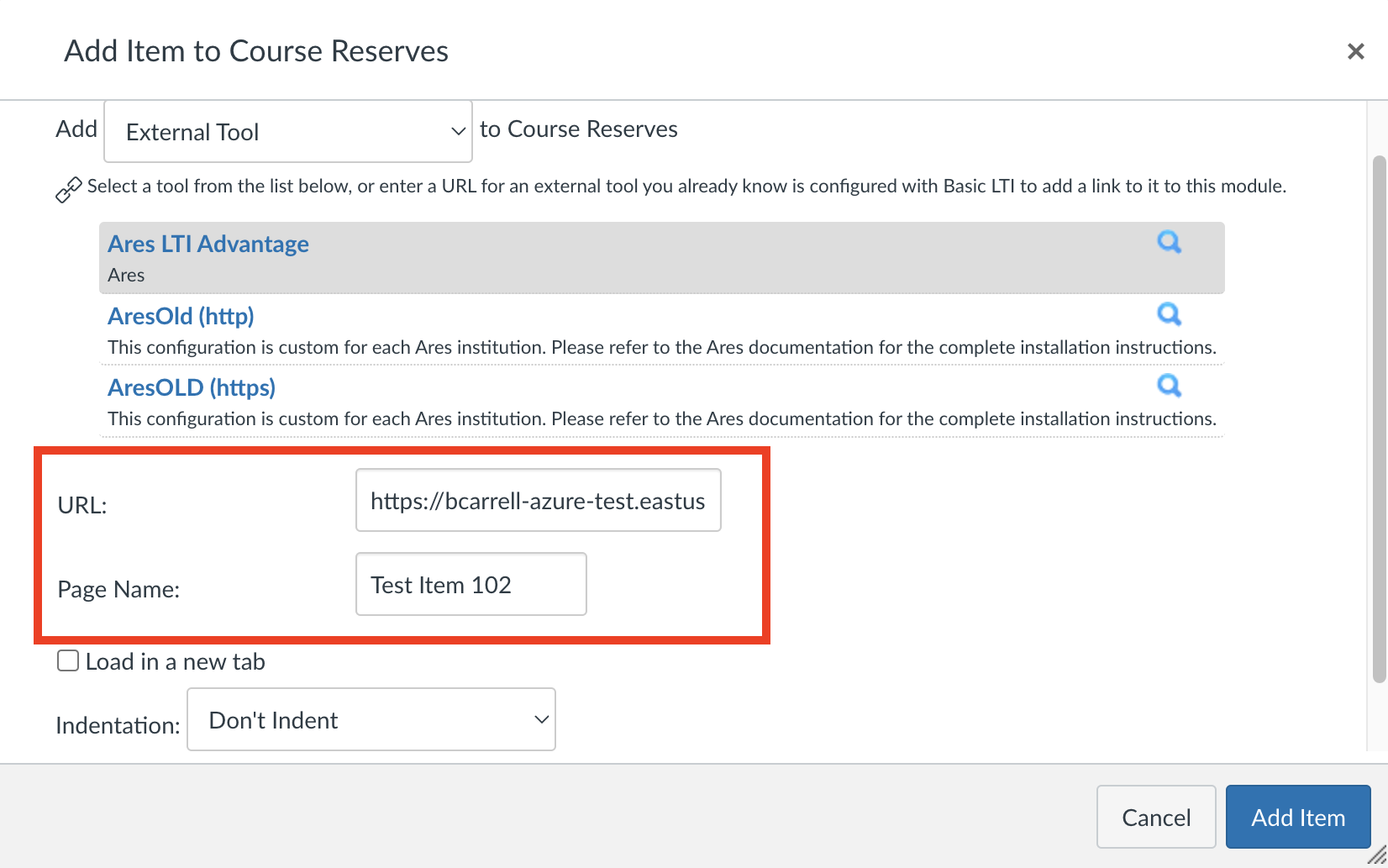 Canvas Add Item to Course Reserves dialog showing the populated URL and Page Name fields
