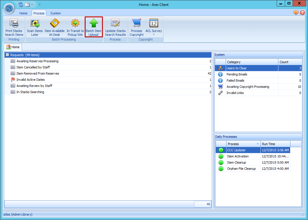 Ares Client Process ribbon with Batch Item Upload button highlighted