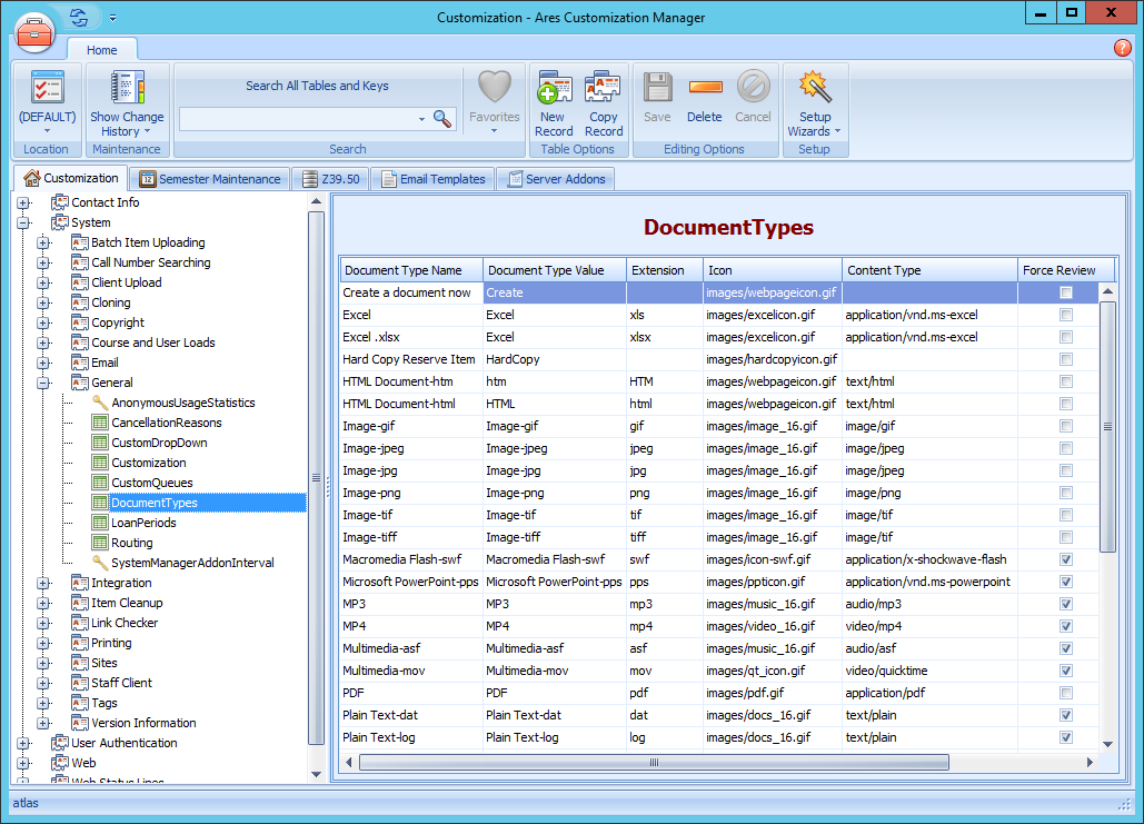 Ares Document Types Table