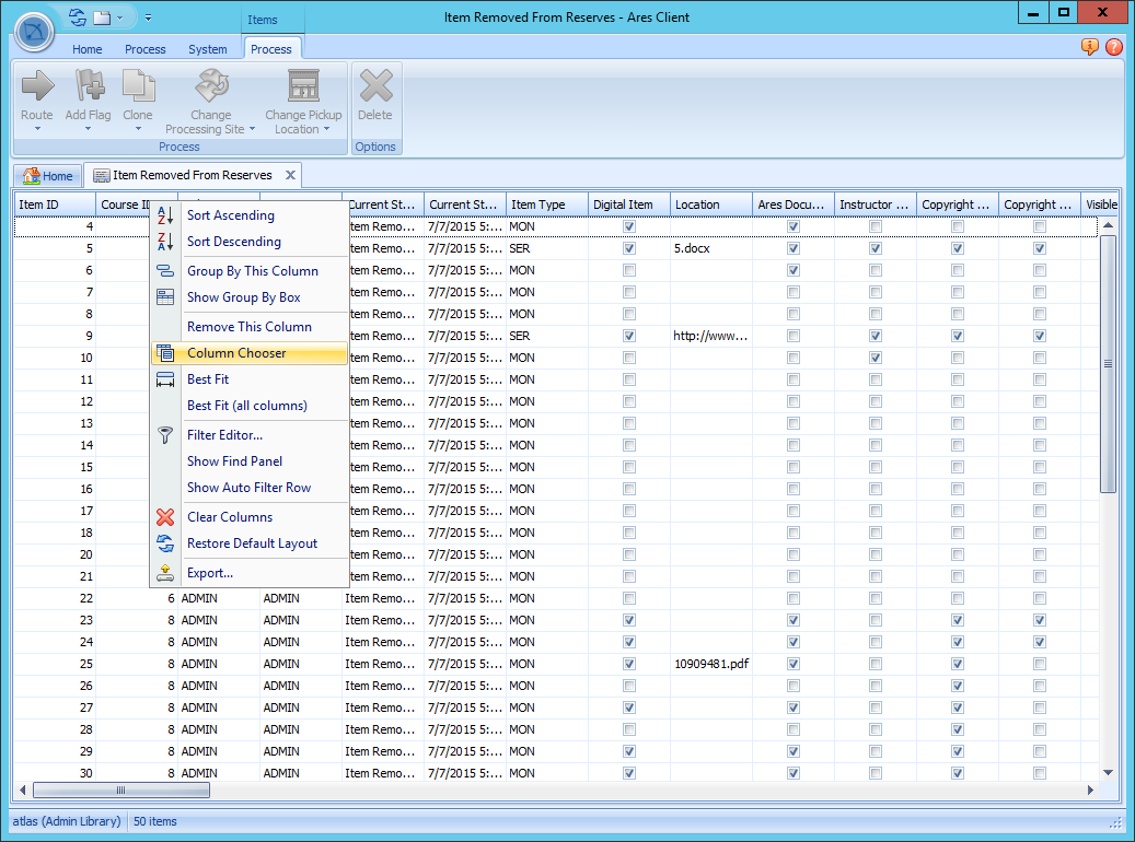 Column Chooser customization box showing available fields