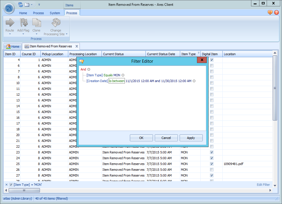 Filter Editor dialog showing customization options for filter criteria