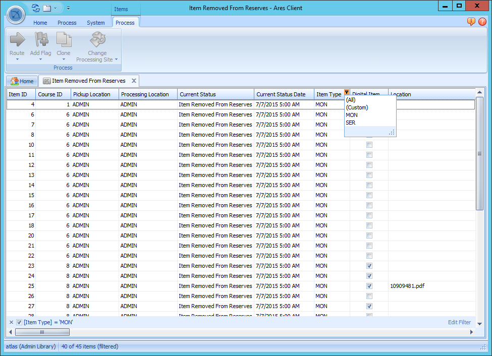 Grid showing Quick Filter results with filter parameters displayed at bottom