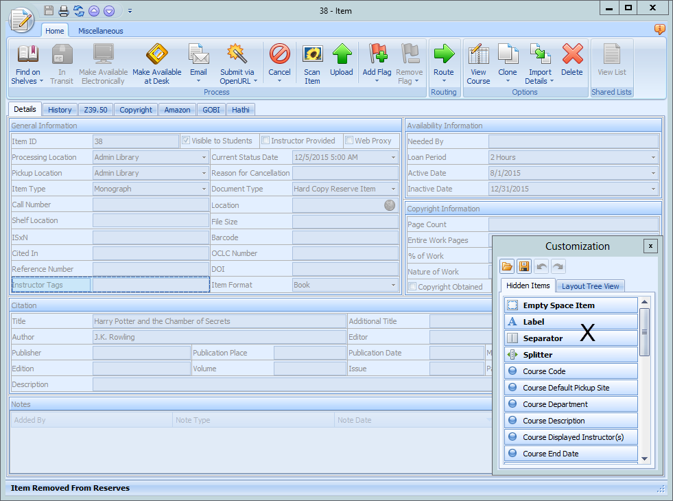 Dragging field to Customization window showing X to remove field