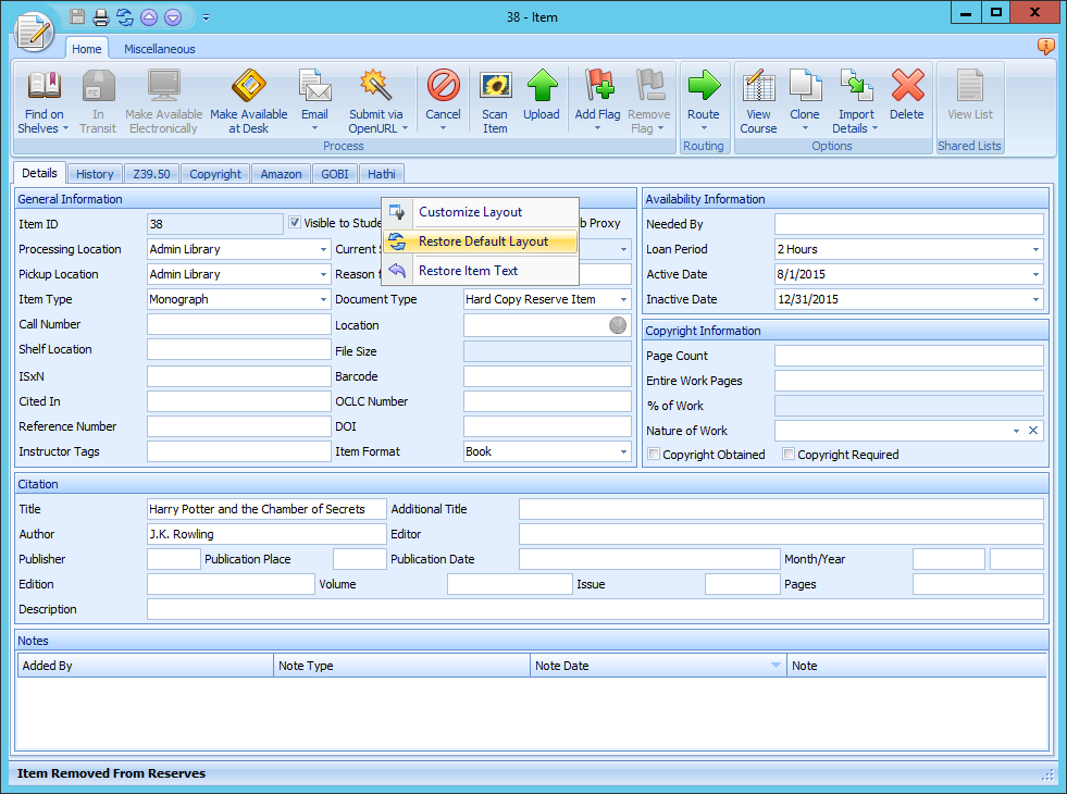 Restore Default Layout warning prompt asking to confirm removal of customizations