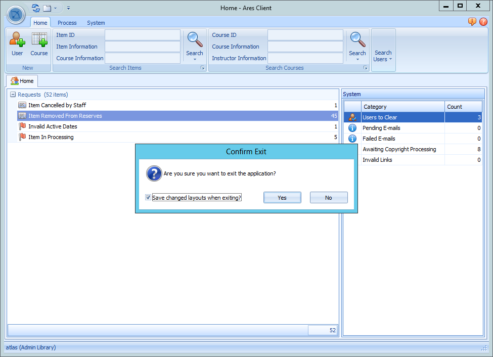 Save Layout Changes dialog box with checkbox to save layout changes upon exit