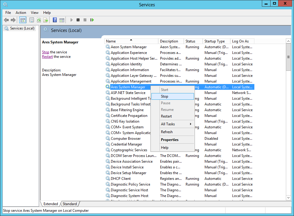 Ares System Manager in Services console showing stopped and disabled status